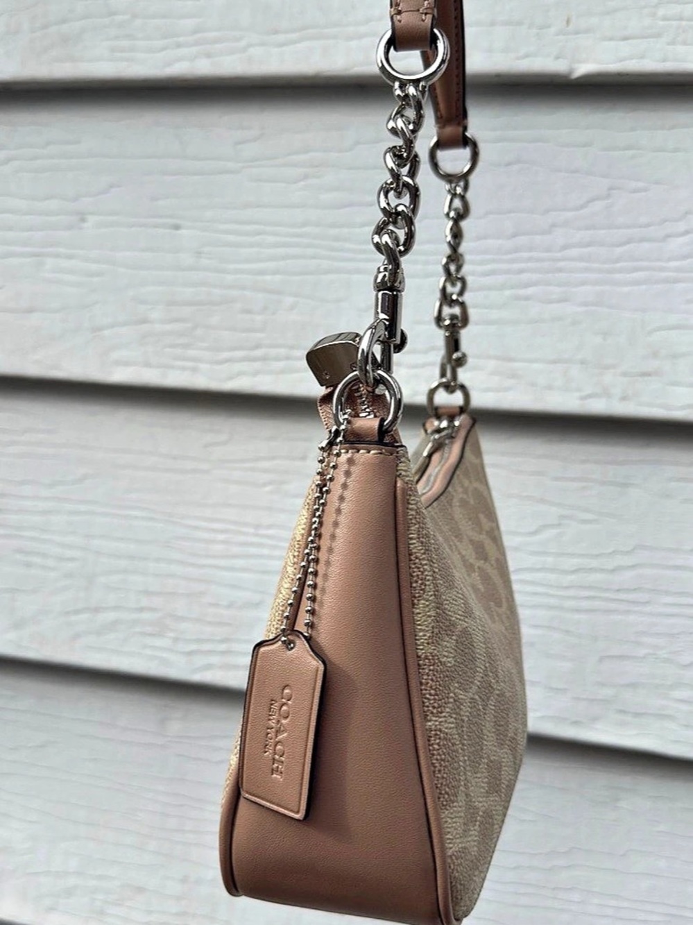 Coach Teri Shoulder Bag In Signature Canvas NWOT Silver/Tan/Taupe - Picture 6 of 11